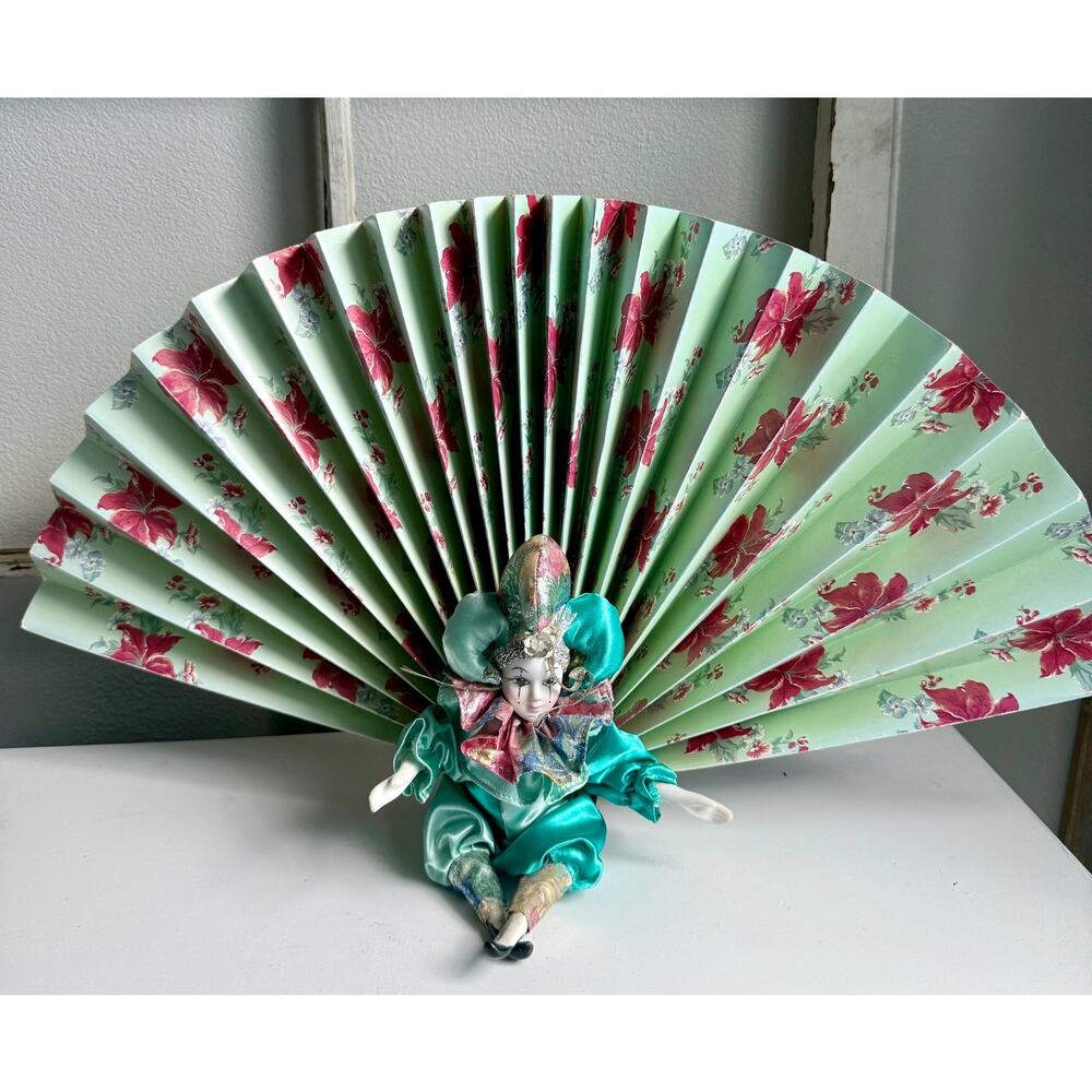 Vintage Porcelain Jester Clown Doll with Decorative Fan – Harlequin Figurine